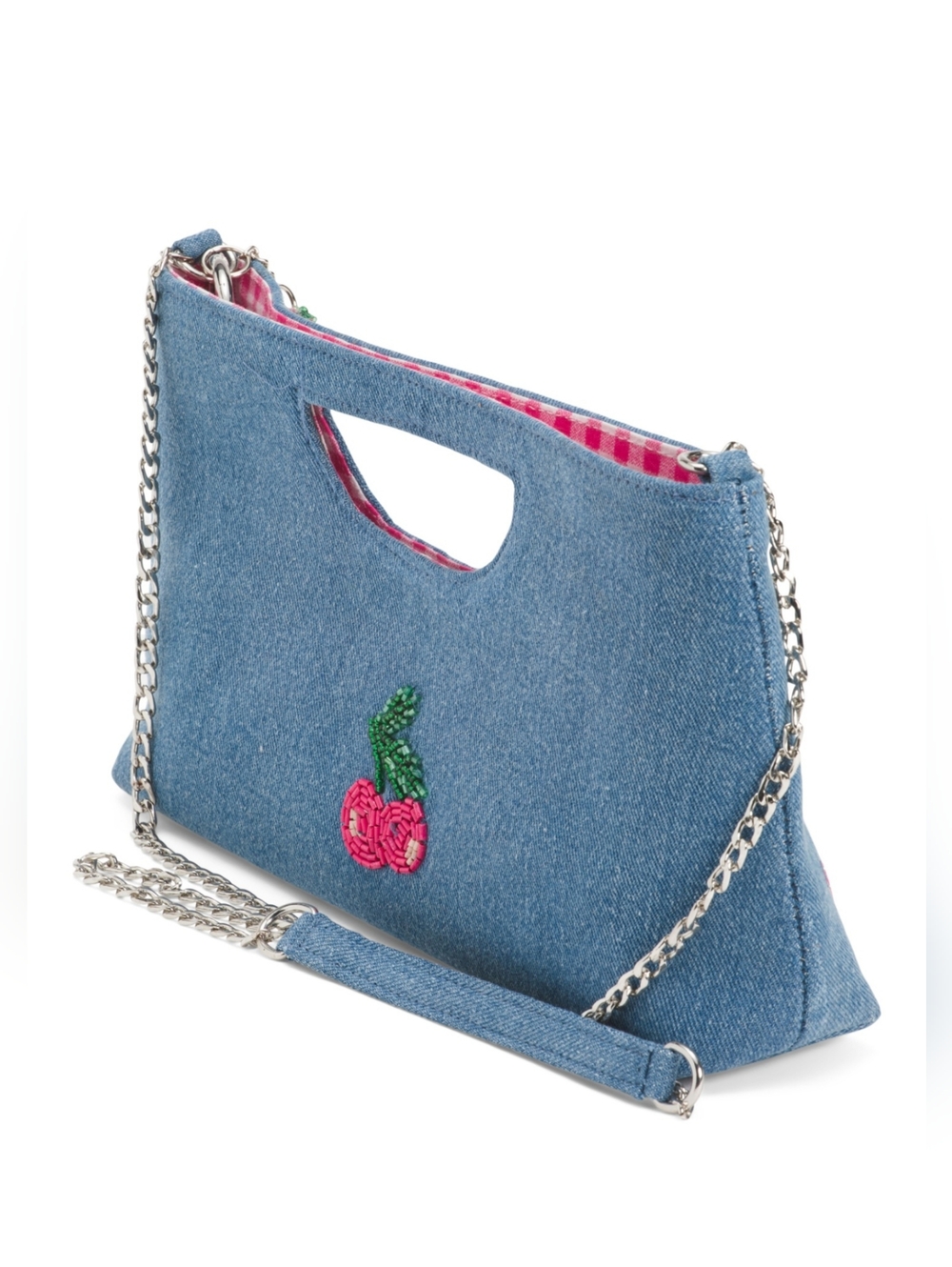 HANDMADE IN INDIA BLUE DENIM BEADED CLUTCH BAG W/ BAG CHARM *CHERRIES* NEW - Picture 15 of 16